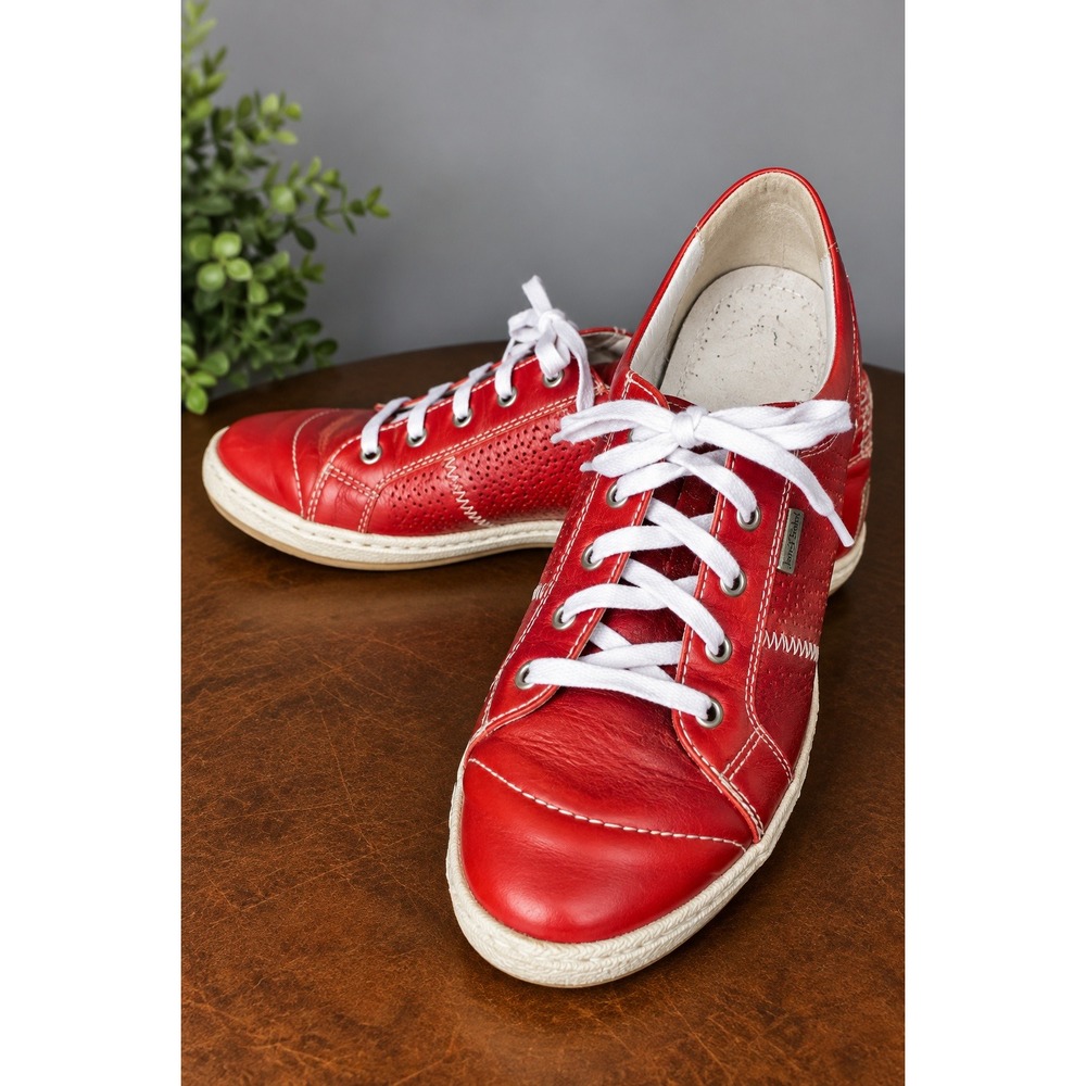 Josef Seibel Red Leather Lace Up Sneakers EU 39 Comfort Shoes Contrast Stitch